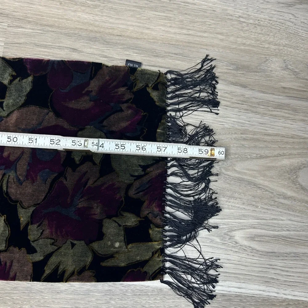 Vintage Whimsigoth Dark Academia Floral Scarf OS Silk Velvet Fringe Purple Green